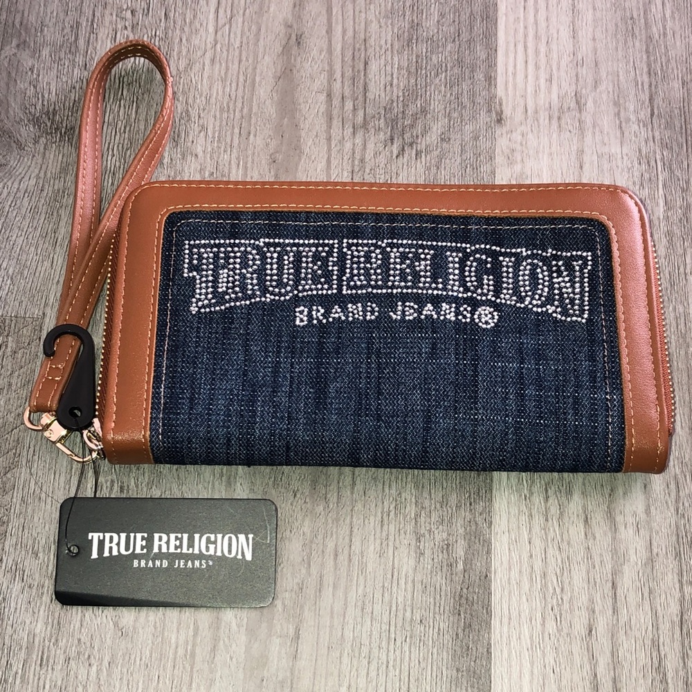 True Religion Dark Denim & Brown Faux Leather ZA Wallet Crystal Logo + Strap NWT